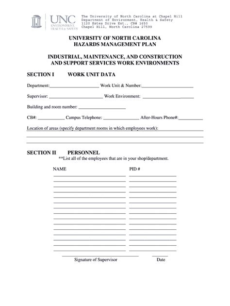 Fillable Online Ehs Unc Hazards Management Plan Form Ehsuncedu Ehs