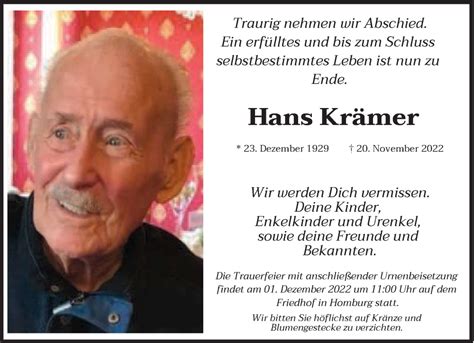 Traueranzeigen von Hans Krämer Saarbruecker Zeitung Trauer de