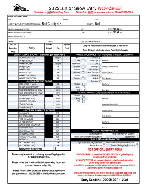 Fillable Online Counties Agrilife Org Junior Show Entry Worksheet