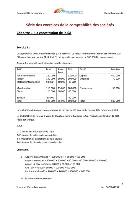 Exercice Corrig Comptabilit Des Soci T S S S Rie Des Exercices