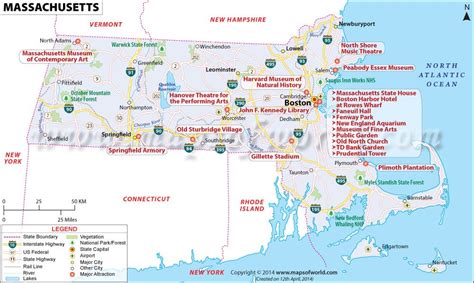 Massachusetts Map Showing The Major Travel Attractions Including Cities Points Of Interest And