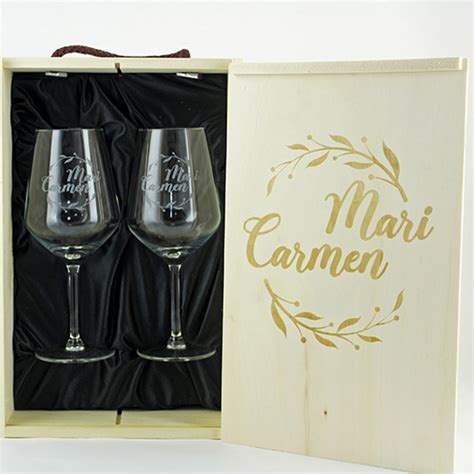 Creatupropiovino 2 Copas De Vino Grabadas Con Caja De Madera