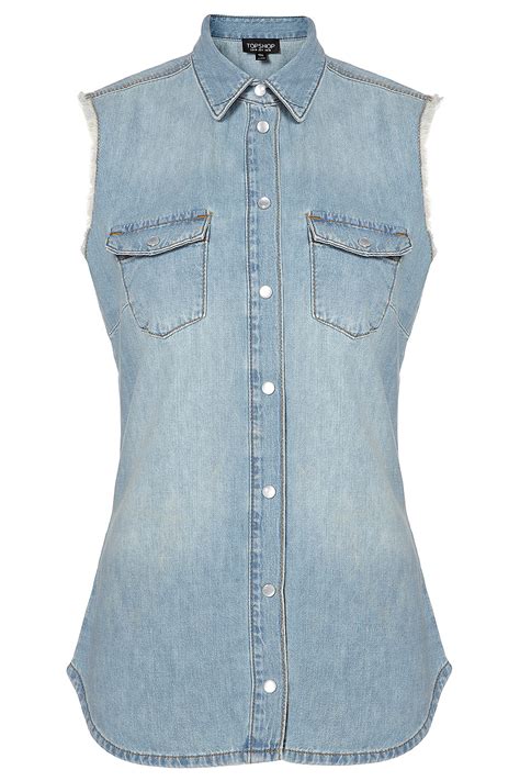 Lyst Topshop Sleeveless Denim Shirt In Blue