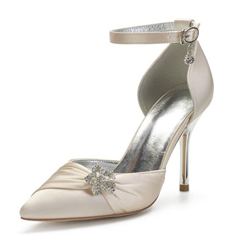 Pointed Toe Dorsay Lady Satin Evening Dress Shoes With Flower Crystal Brooch Stiletto Bridal