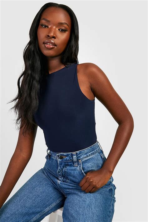 Navy Double Layer Slinky Racer Bodysuit Boohoo Uk