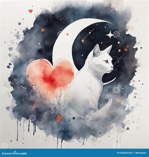 Pintura Acuarela De Un Gato Con La Luna Stock De Ilustración Ilustración De Gris Durmiendo