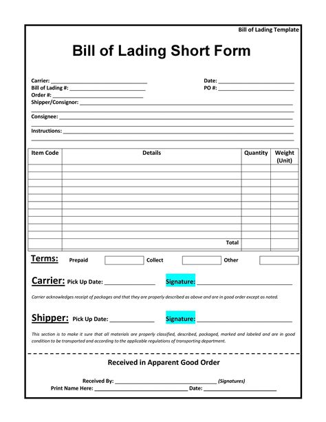 Printable Bill Of Lading