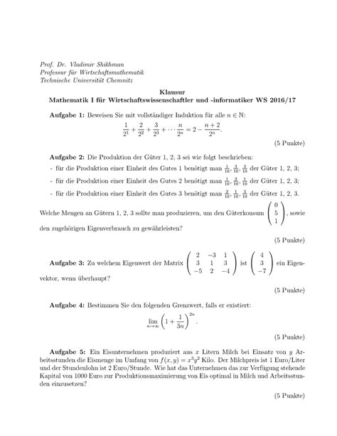 Klausur Wintersemester Fragen Prof Dr Vladimir Shikhman