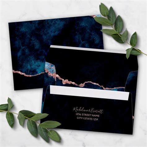 Navy Blue Rose Gold Gilded Agate Marble Wedding Envelope Zazzle