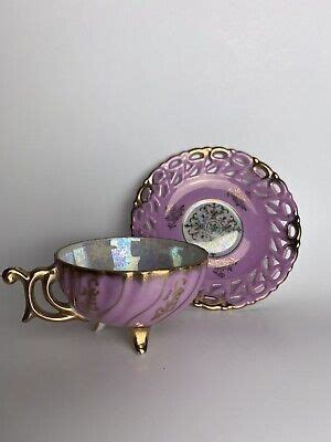 Iridescent Pink And Gold Geometric Lusterware Teacup Tea Cups