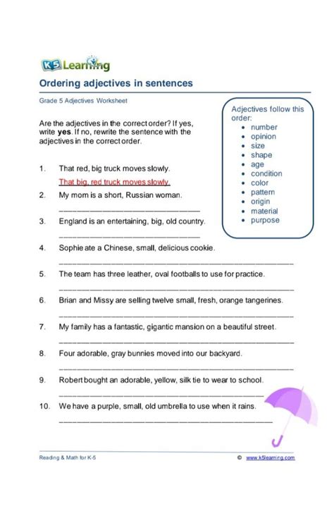 Grade 5 Grammar Worksheet 1 Ordering Adjectives In Sentences Order Of Adjectives