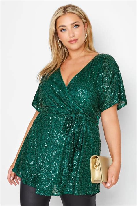 Yours London Plus Size Emerald Green Sequin Embellished Wrap Top Yours Clothing