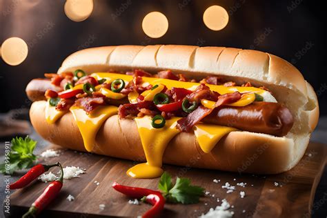 Delicioso perrito caliente de chilli y queso Comida rápida para llevar Apetitoso hot dog de