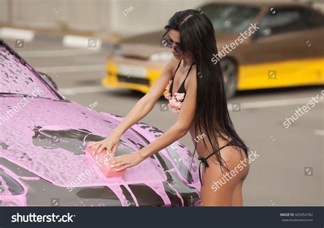 Beautiful Sexy Brunette Woman Swimsuit Washing Stock Photo 665954782 Shutterstock