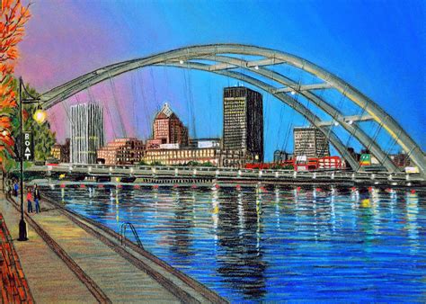 Rochester Ny Skyline Evening Art Print Pastel By Bix Etsy