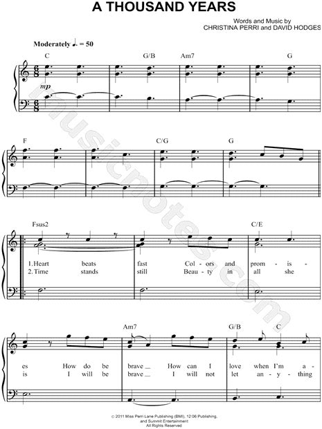 Christina Perri "A Thousand Years" Sheet Music (Easy Piano) in C Major ...