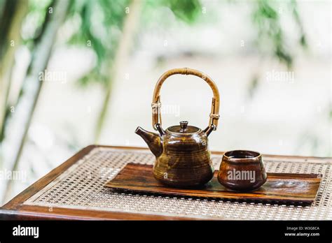 Vintage Brown Tea Set On Wooden Table Traditional Tea Ceremony Eco