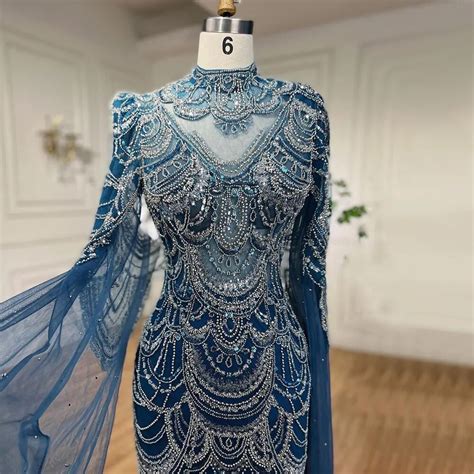 Serene Hill Arabic Blue Mermaid Lace Beaded Formal Occasion Evening