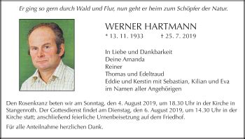 Werner Hartmann Traueranzeige Trauer InFranken De