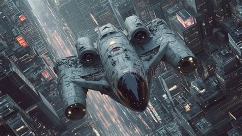 Futuristic Flying Military Vehicle Massive Spaceship Hovering Over New