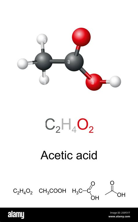Acetic acid, ethanoic acid, molecule model and chemical structure ...