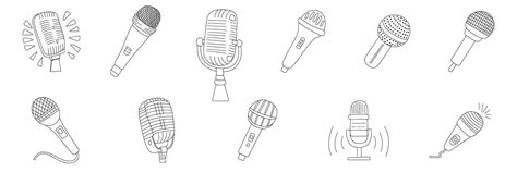 Collection Of Microphones Isolated In Doodle Style Outline Microphone