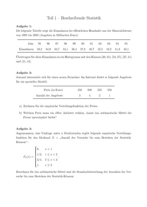 Übungen Beschreibende Statistik Aufgaben mit Lösungen Teil 1