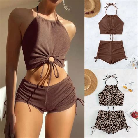 Leledolphin Tie Back Sports Drawstring Mid Waist Bikini Sets Swimsuit For Women Sexy Two Pieces