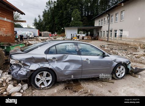 Kamnik Slovenia 06th Aug 2023 A Destroyed Car Is Seen Among The