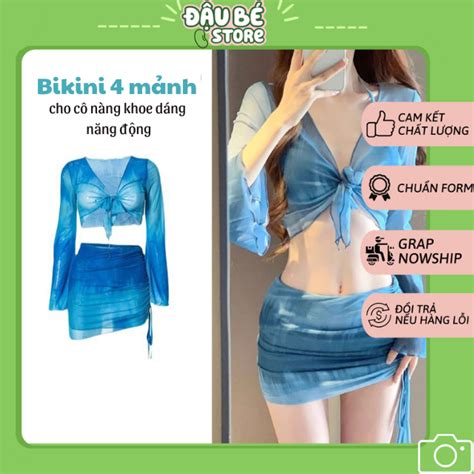 Bikini Đi Biển 4 Mảnh Bộ Đồ Bơi Nữ Dài Tay Cao Cấp Tay Loe Váy Rút Sườn Sexy Màu Xanh Loang