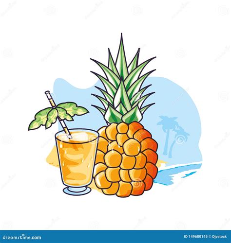 Cocktail Of Pineapple With Glass Of Juice In The Beach Stock