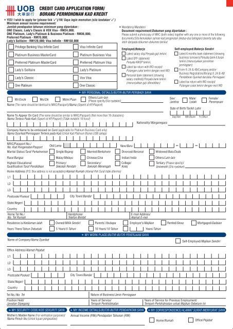 Credit Card Application Form Borang Permohonan Kad Kredit United