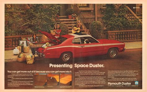 An Advertisement For Plymouth Duster Featuring Two People Sitting On