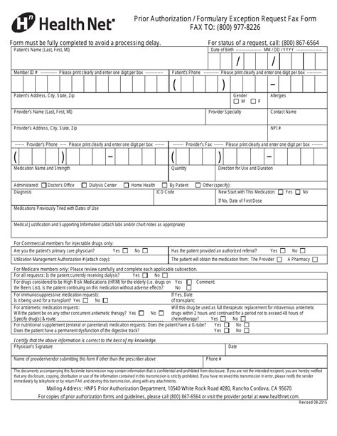 Prior Authorization Formulary Exception Request Fax Form Health Net