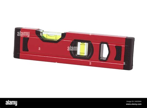 Red Spirit Level With A Green Bubble Indicator Is Situated Horizontally