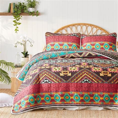 Pieces Colorful Bohemian Quilt Set Full Queen Size Burgundy N Brown