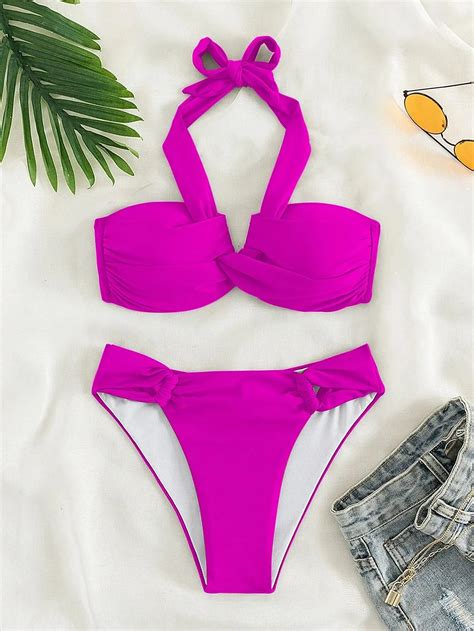Cikini New Twist Halter Push Up Bikini Swimsuit Two Piece Bikinis Set Summer Beach Swimwear