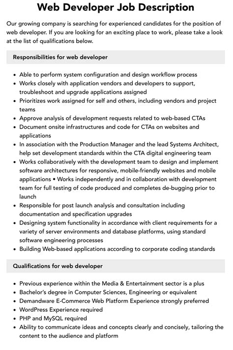 Web Developer Job Description Velvet Jobs