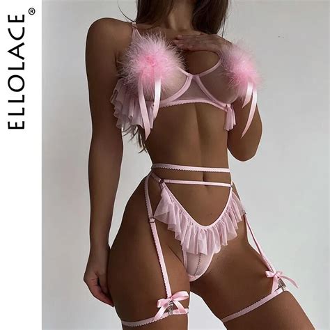 Ellolace Sexy Feather Lingerie Light Pink Ruffle Hollow Thongs Sissy