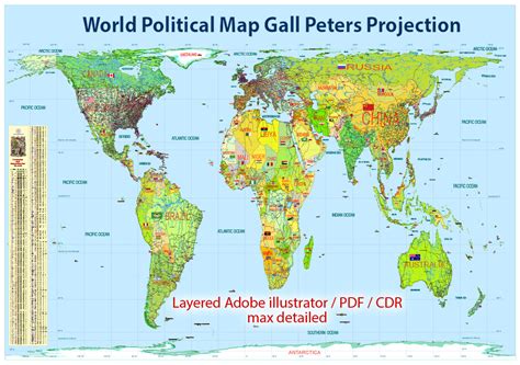 World Political Map 2017 detailed in Peters Projection Adobe Illustrator