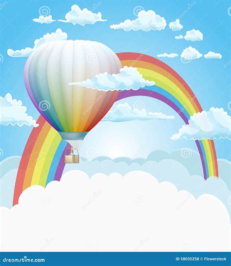 Hot Air Balloon And Rainbow In The Clouds Vector Background Stock Vector Illustration Of