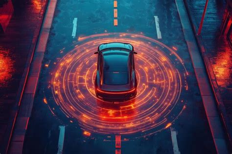 Overhead View Of Modern Car With Autonomous Driving Technology