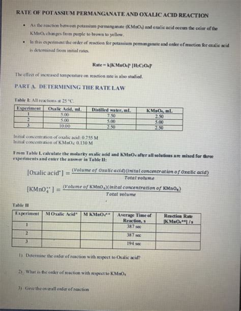 Solved Rate Of Potassium Permanganate And Oxalic Acid