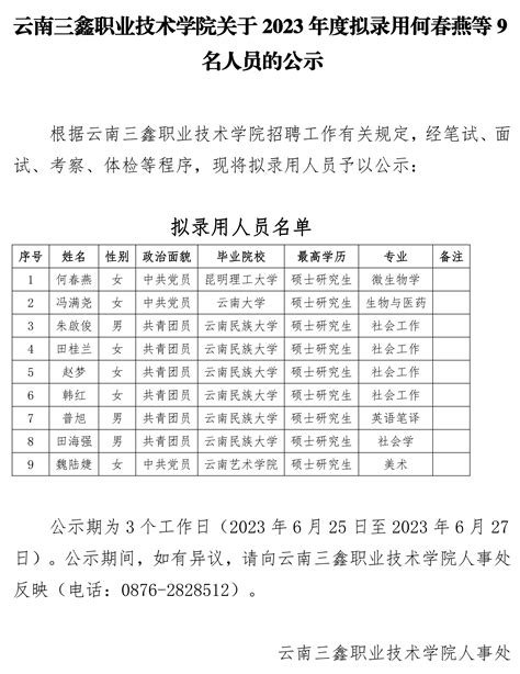 云南三鑫职业技术学院关于2023年度拟录用何春燕等9名人员的公示 云南三鑫职业技术学院