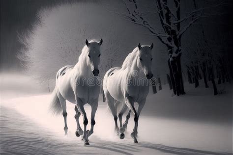 Ai Generated Illustration Of Two White Horses Running In A Snowy Forest