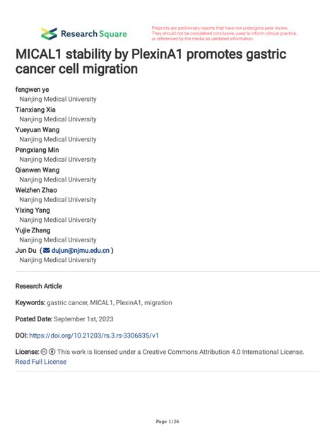 PDF MICAL1 Stability By PlexinA1 Promotes Gastric Cancer Cell Migration