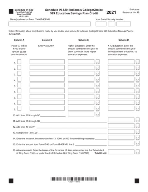 Form It 40 It 40pnr State Form 53385 Schedule In 529 2021 Fill