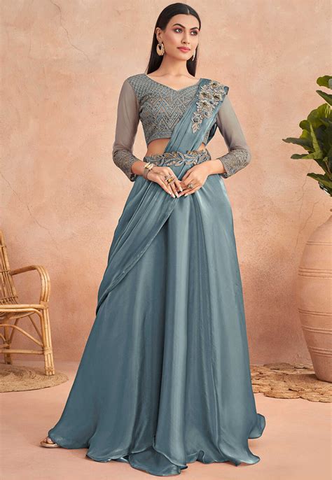 Buy Pre Stitched Satin Georgette Lehenga Style Saree In Teal Blue