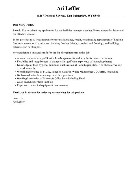 Facilities Manager Cover Letter Velvet Jobs