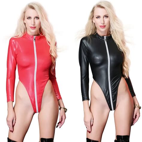 Sexy Women Two Way Zipper Open Crotch High Cut Bodysuit Pu Shiny One